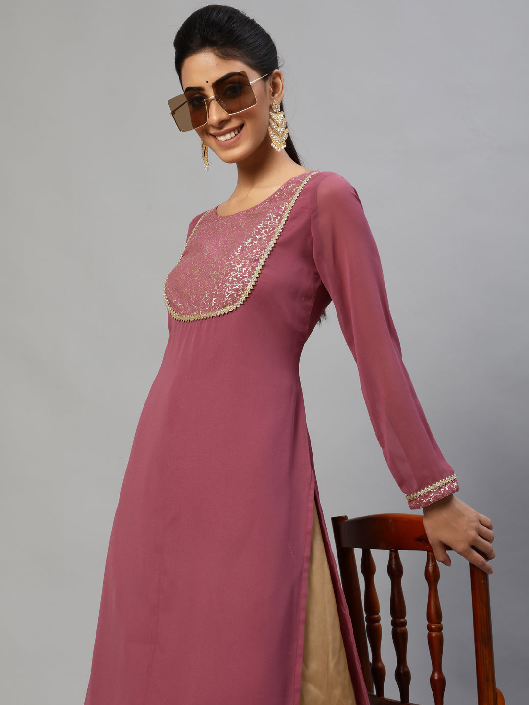 Women's Mauve Gold Foil Print Kurta