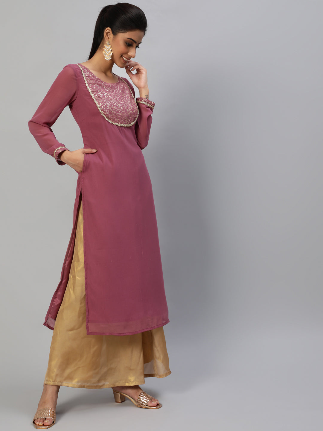 Women's Mauve Gold Foil Print Kurta