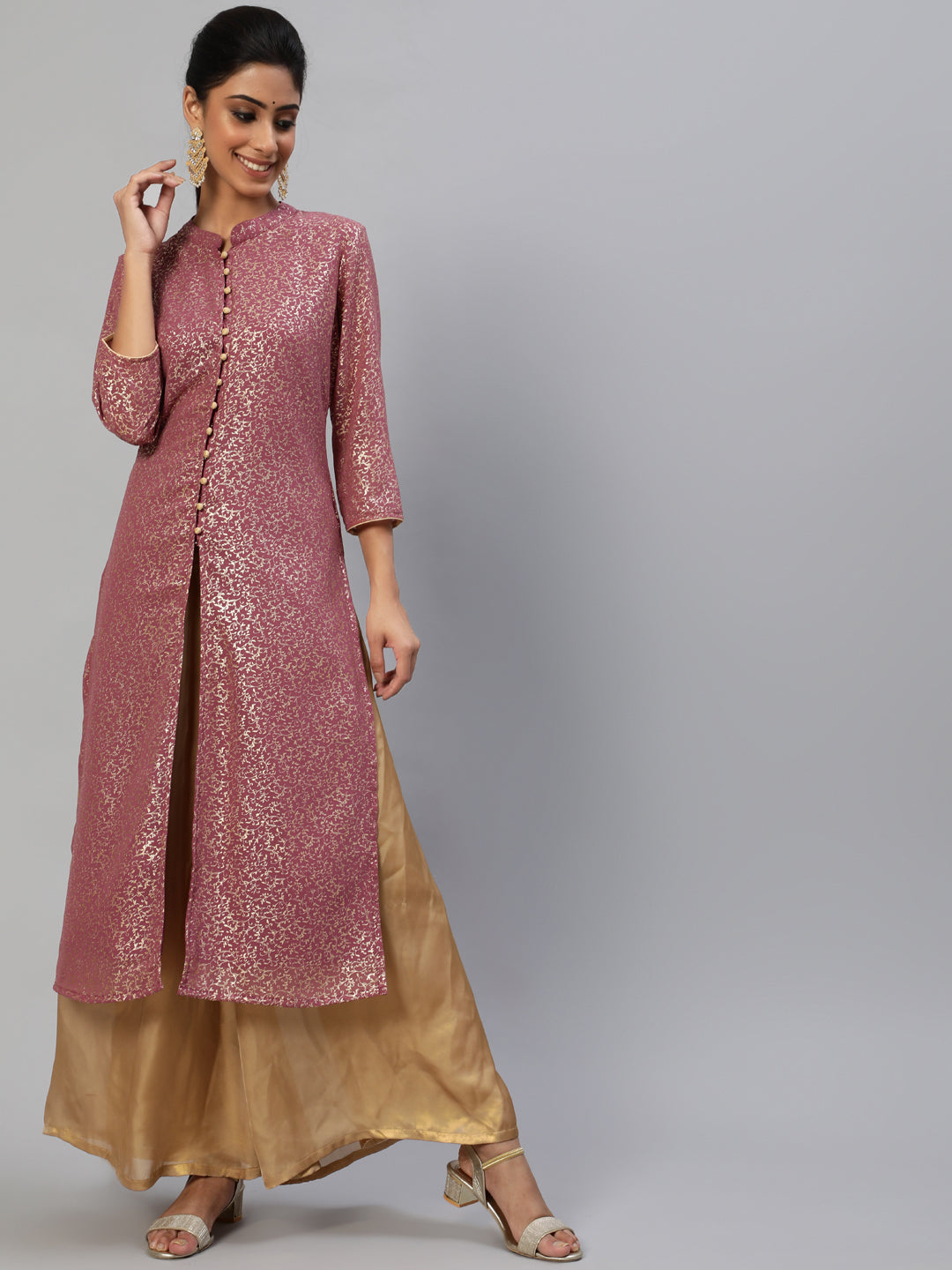 Women's Mauve Gold Foil Print High Slit Kurta