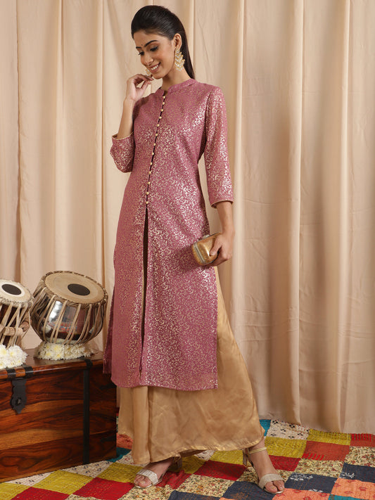 Women's Mauve Gold Foil Print High Slit Kurta