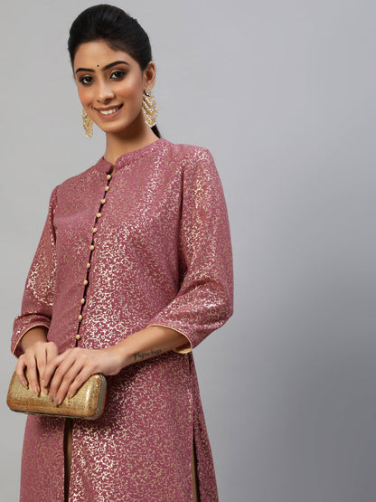 Women's Mauve Gold Foil Print High Slit Kurta