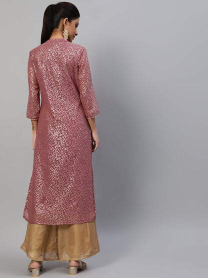 Women's Mauve Gold Foil Print High Slit Kurta