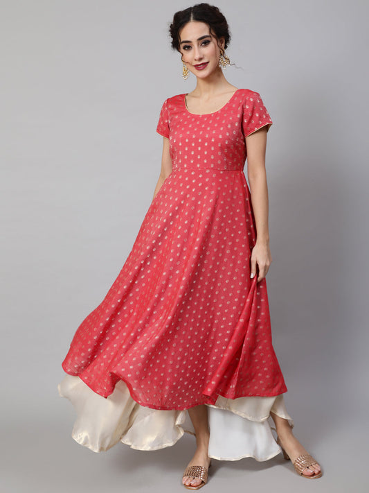 Women's Red Dobby Designed Anarkali