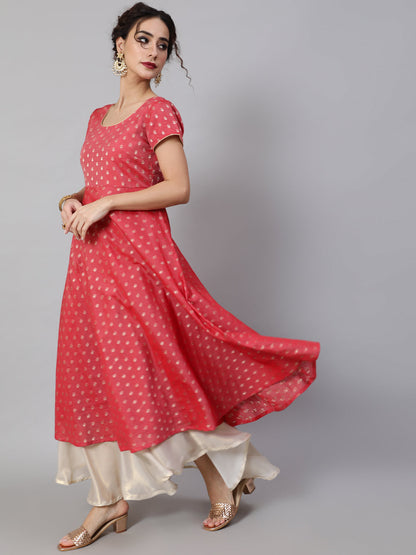 Women's Red Dobby Designed Anarkali