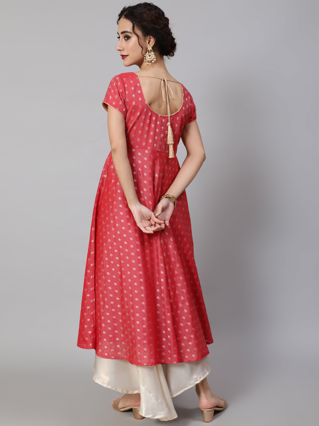 Women's Red Dobby Designed Anarkali