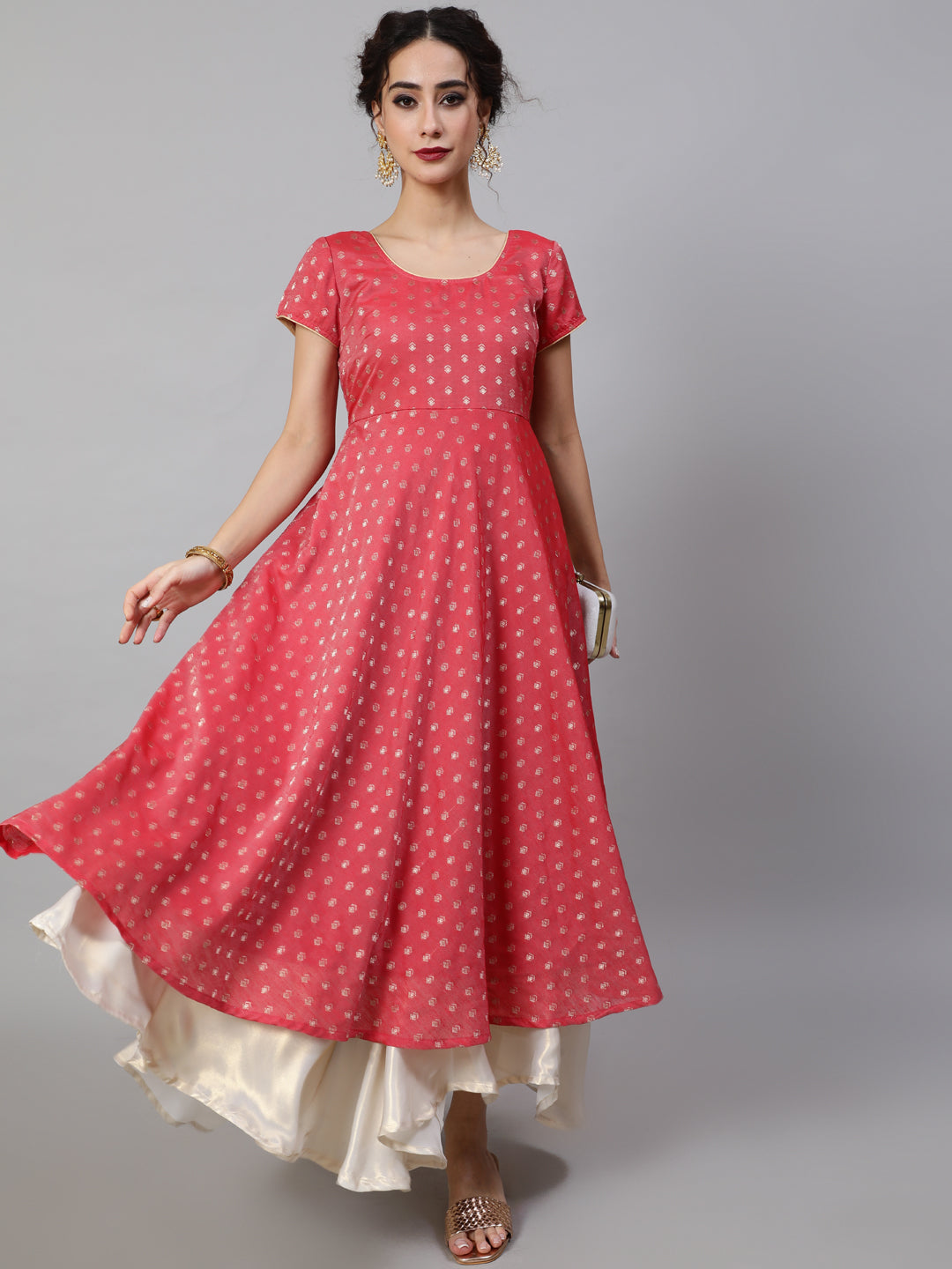Women's Red Dobby Designed Anarkali