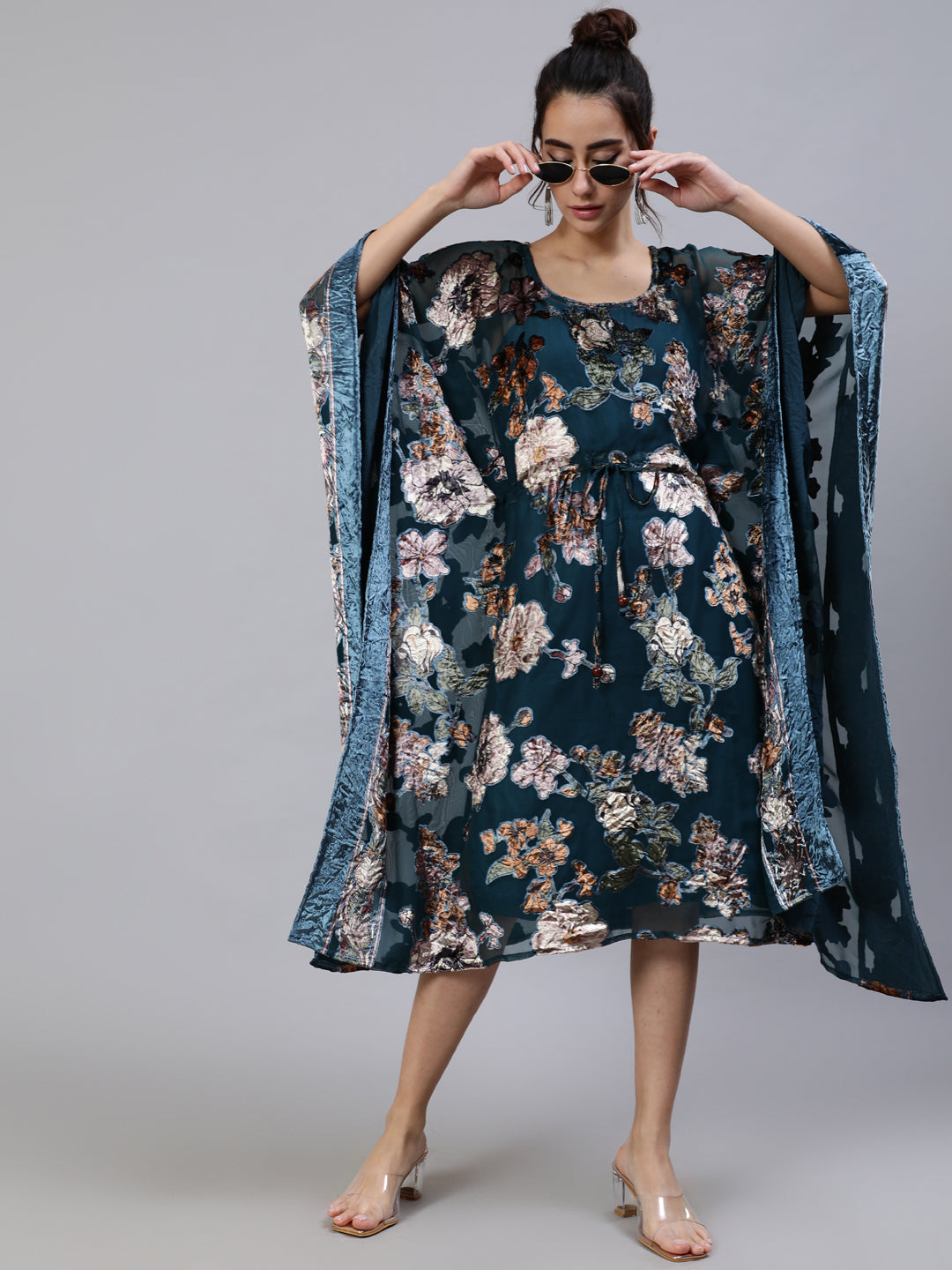Women's Blue Floral Print Kaftan Sleeve Dress