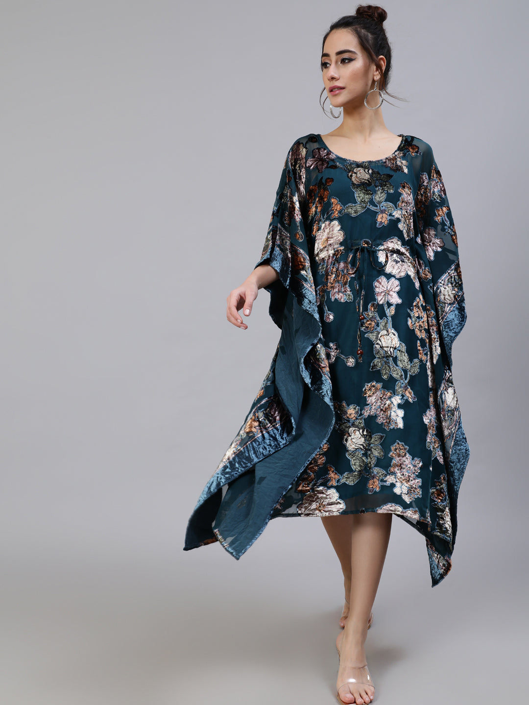 Women's Blue Floral Print Kaftan Sleeve Dress