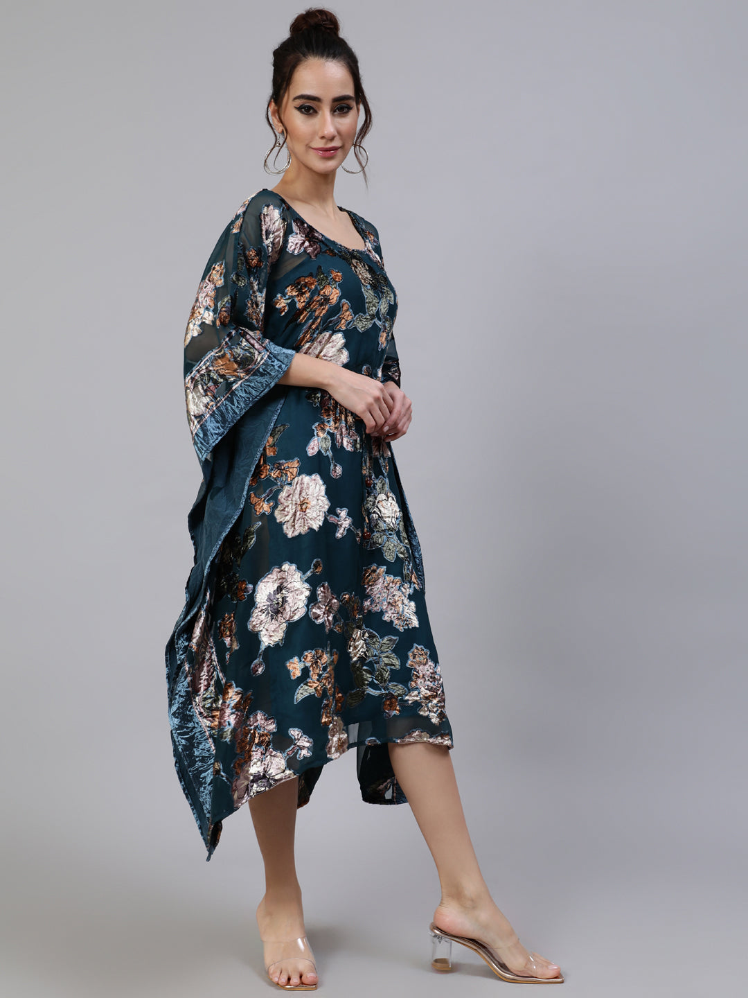 Women's Blue Floral Print Kaftan Sleeve Dress