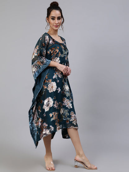 Women's Blue Floral Print Kaftan Sleeve Dress