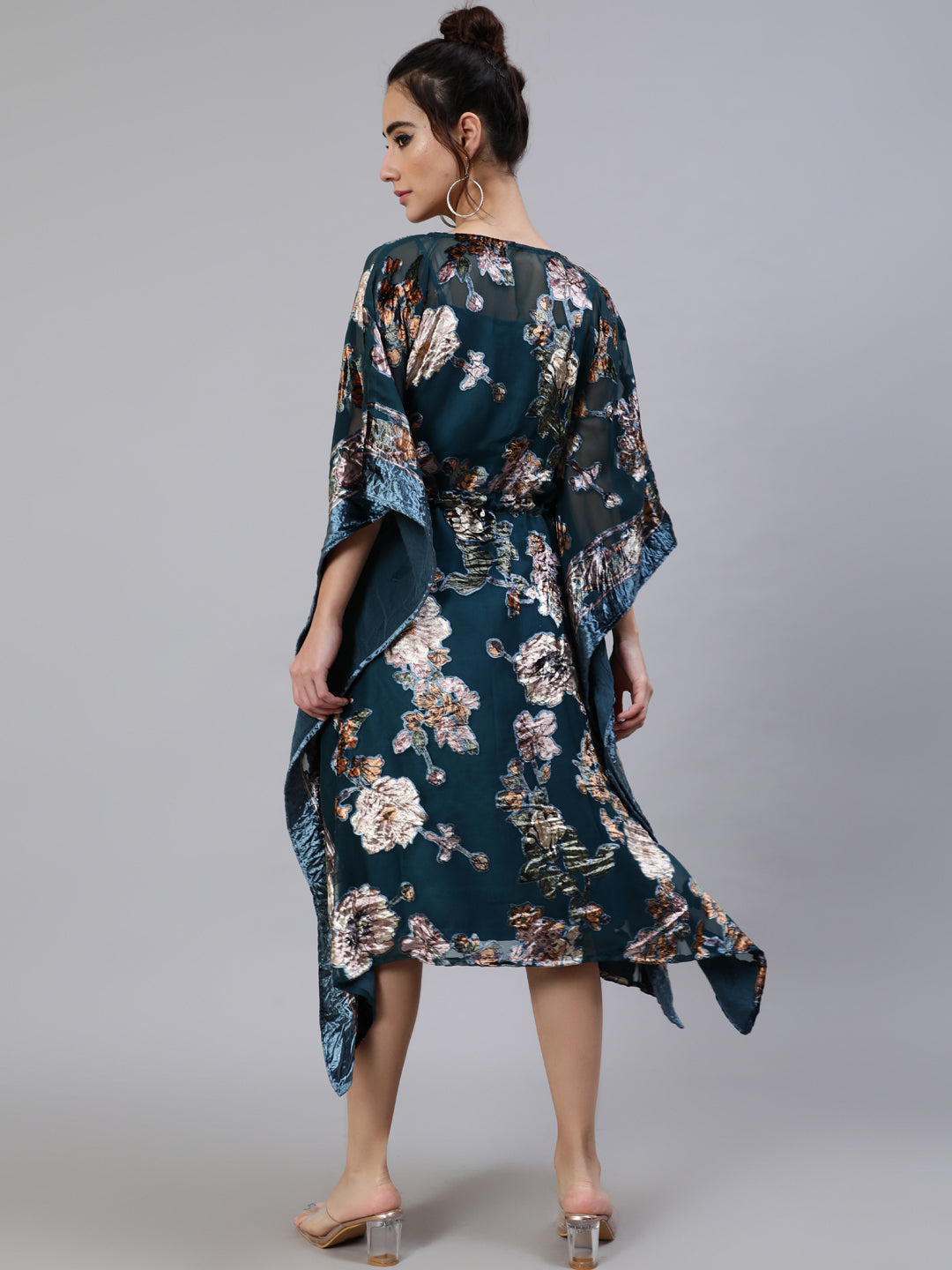 Women's Blue Floral Print Kaftan Sleeve Dress