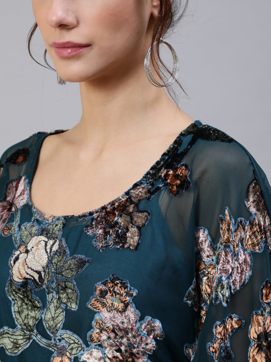 Women's Blue Floral Print Kaftan Sleeve Dress