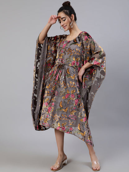 Women's Grey Floral Print Kaftan Dress with Waist Tie-Up