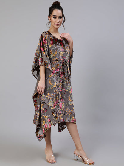 Women's Grey Floral Print Kaftan Dress with Waist Tie-Up