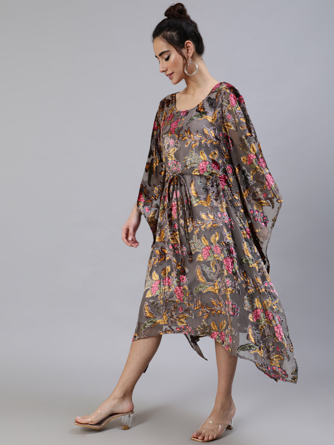 Women's Grey Floral Print Kaftan Dress with Waist Tie-Up