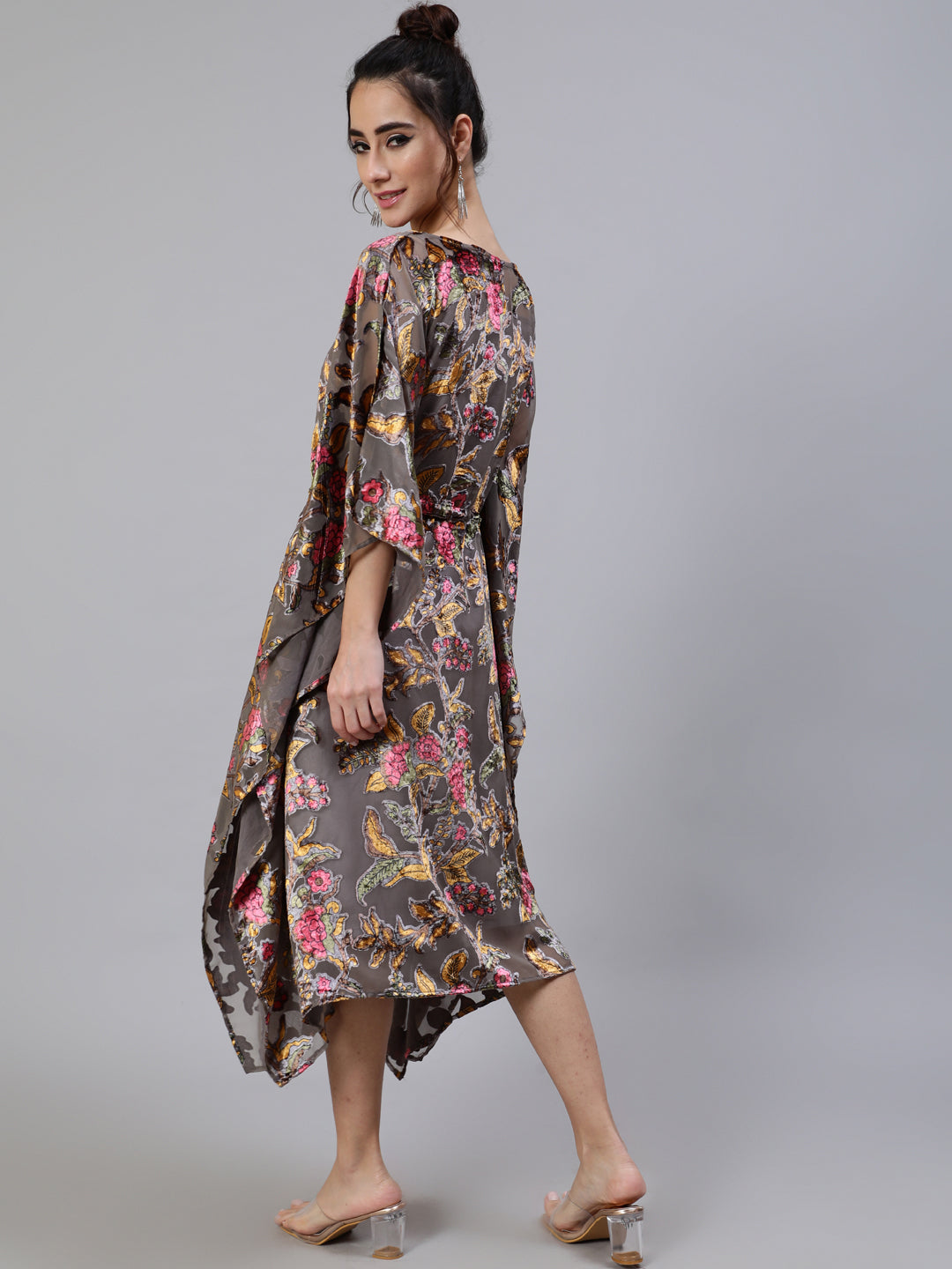 Women's Grey Floral Print Kaftan Dress with Waist Tie-Up