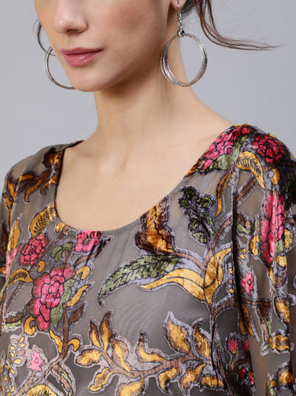 Women's Grey Floral Print Kaftan Dress with Waist Tie-Up
