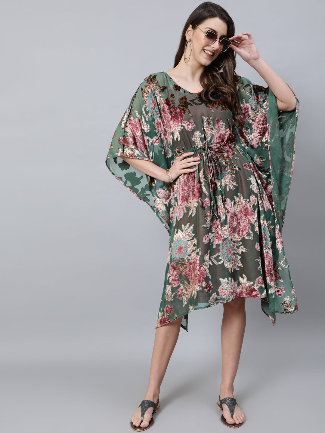 Women's Green Floral Print Kaftan Dress with Waist Tie-Up