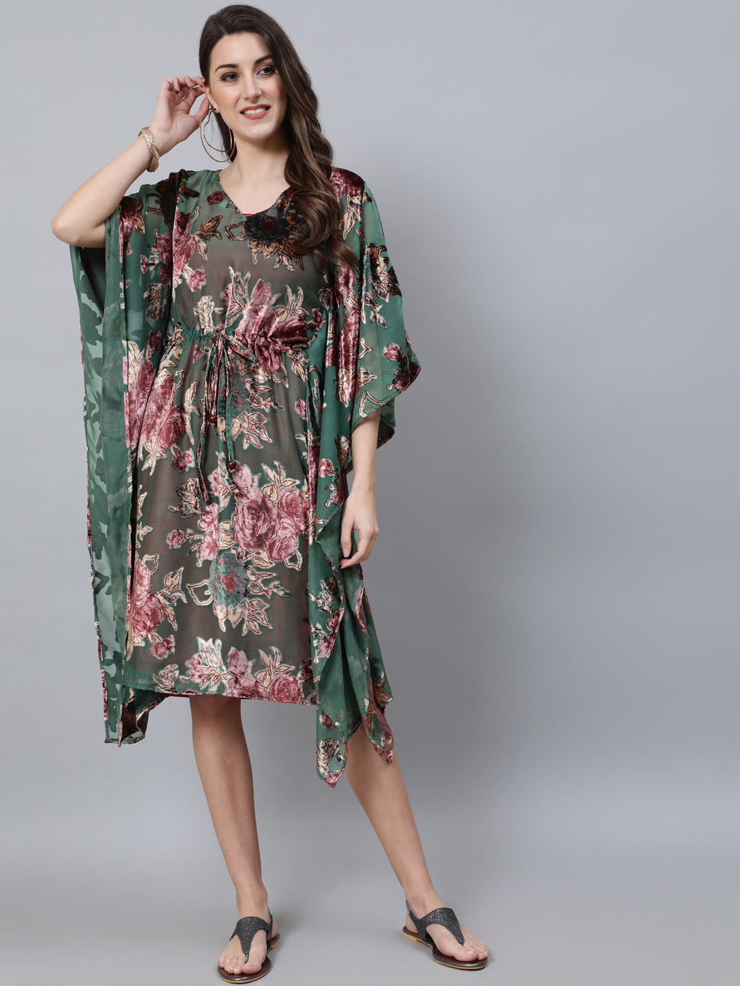 Women's Green Floral Print Kaftan Dress with Waist Tie-Up