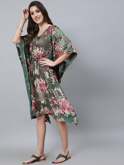 Women's Green Floral Print Kaftan Dress with Waist Tie-Up