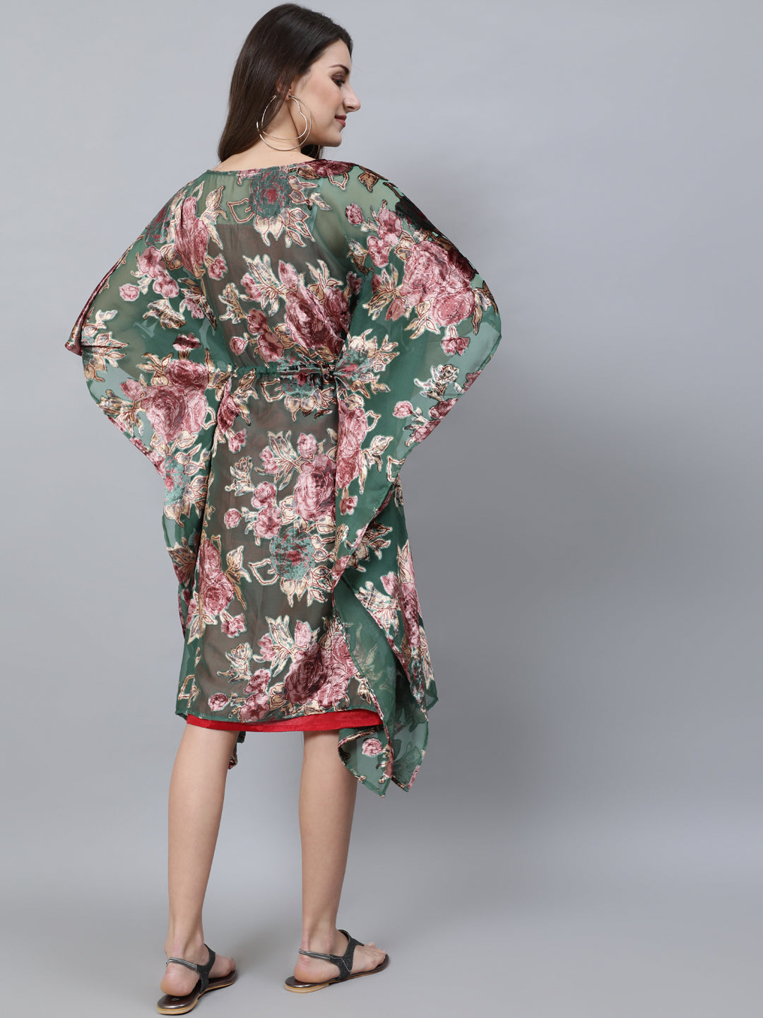 Women's Green Floral Print Kaftan Dress with Waist Tie-Up