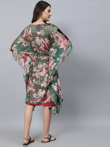 Women's Green Floral Print Kaftan Dress with Waist Tie-Up