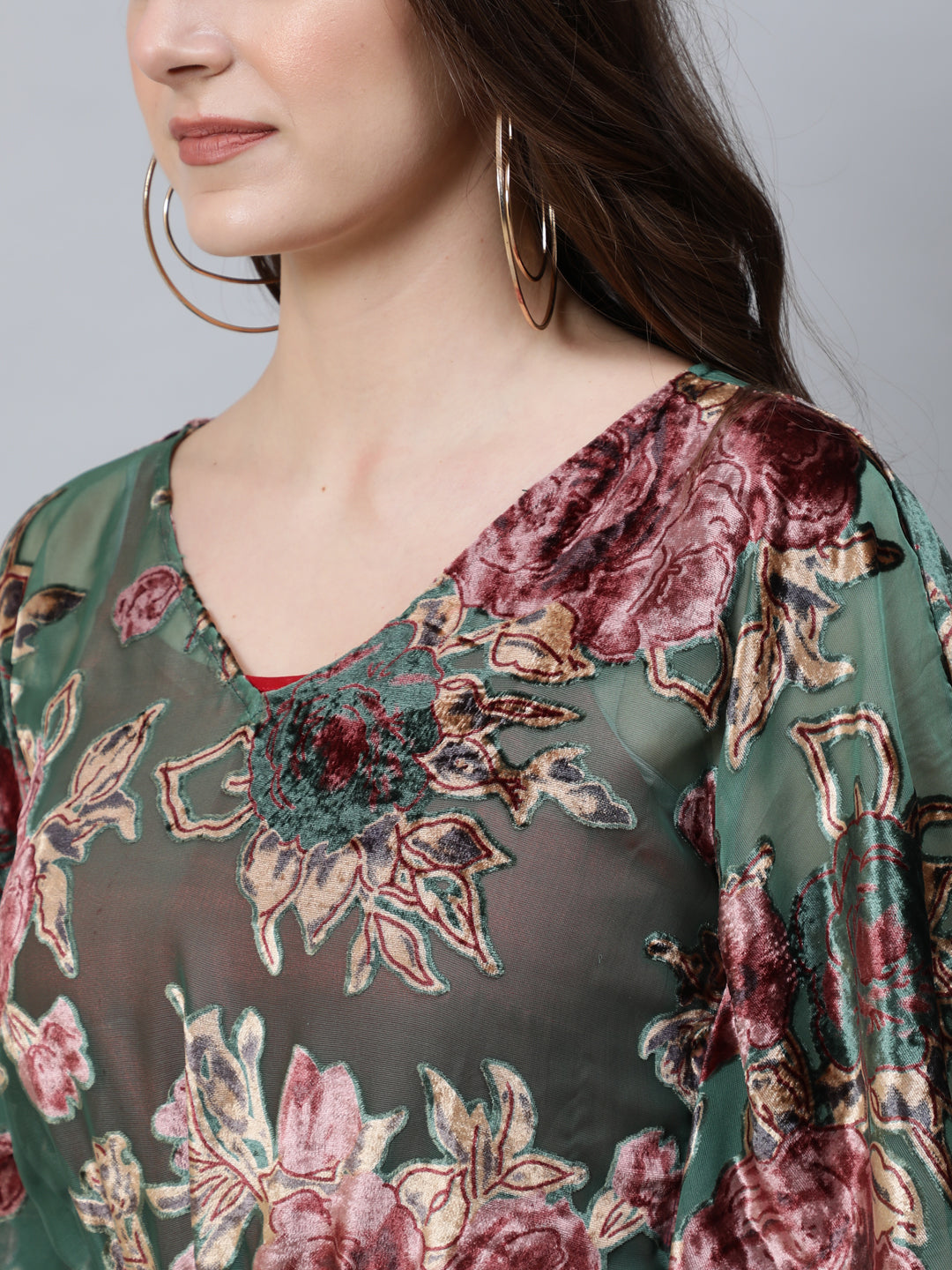 Women's Green Floral Print Kaftan Dress with Waist Tie-Up