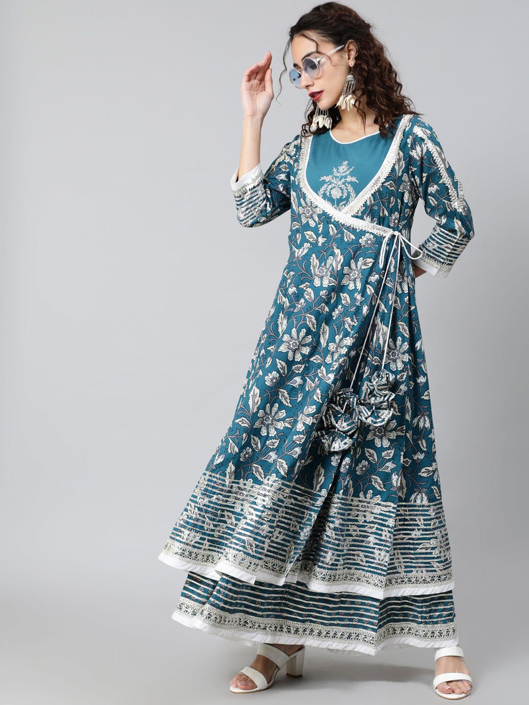 Women's Blue Floral Print Layered Maxi Dress