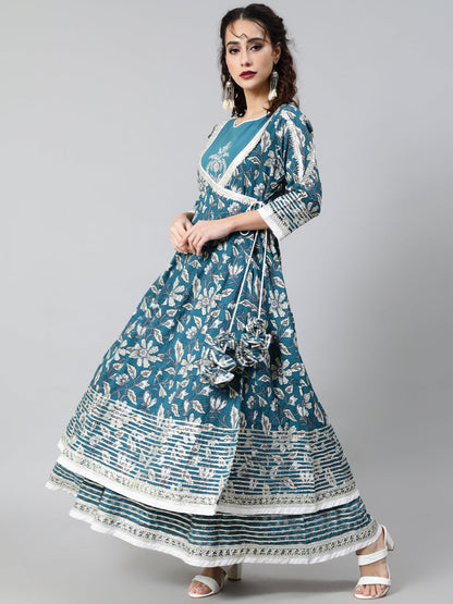 Women's Blue Floral Print Layered Maxi Dress