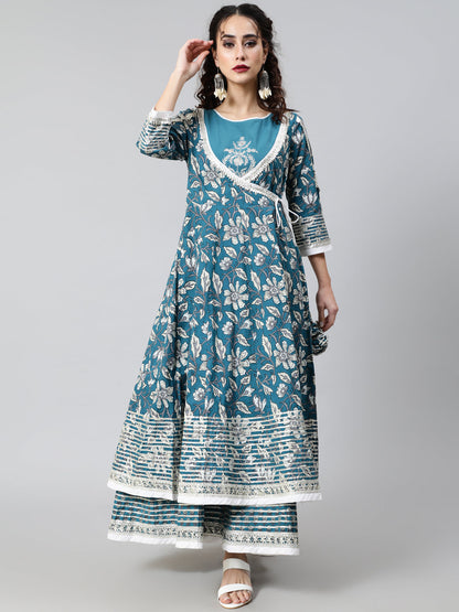 Women's Blue Floral Print Layered Maxi Dress
