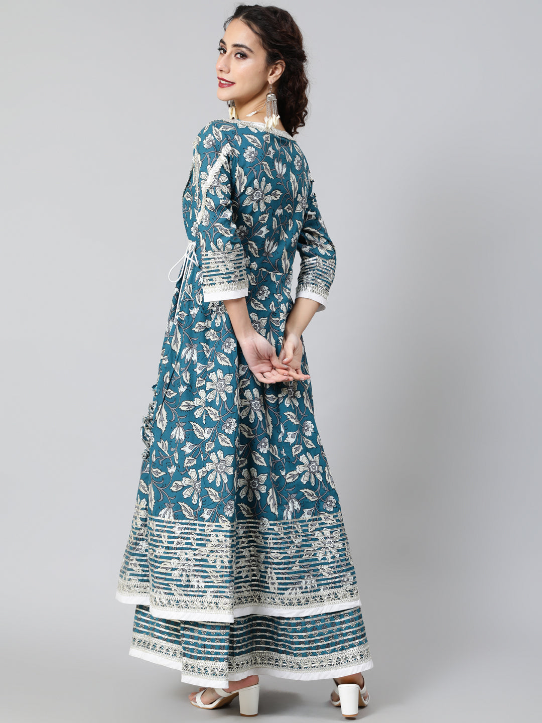 Women's Blue Floral Print Layered Maxi Dress