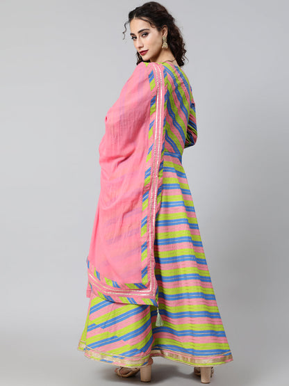 Women's Pink & Green Leheriya Print Maxi Dress With Dupatta