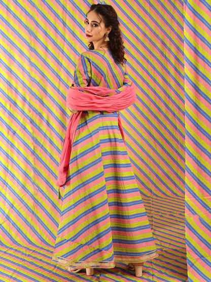 Women's Pink & Green Leheriya Print Maxi Dress With Dupatta