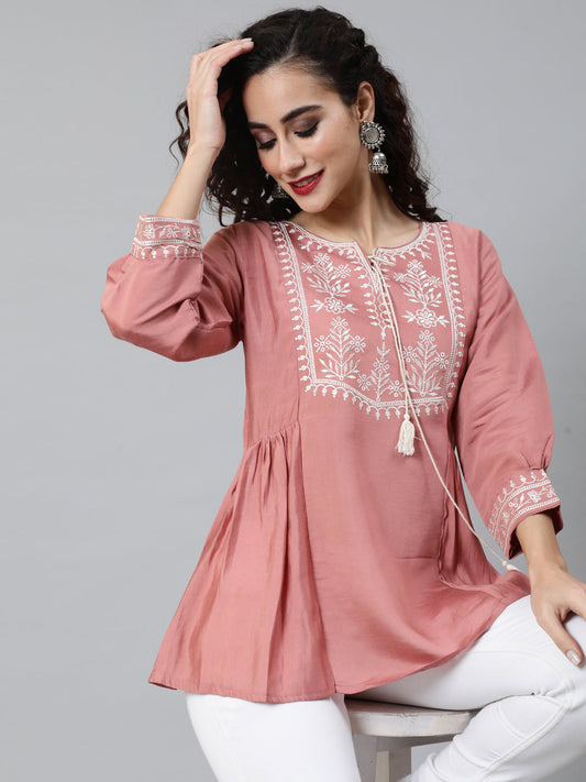 Women's Rose Gold Embroidered Gathered Tunic