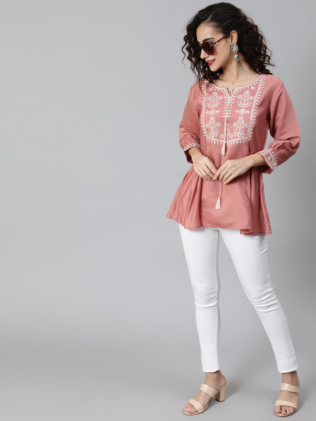 Women's Rose Gold Embroidered Gathered Tunic