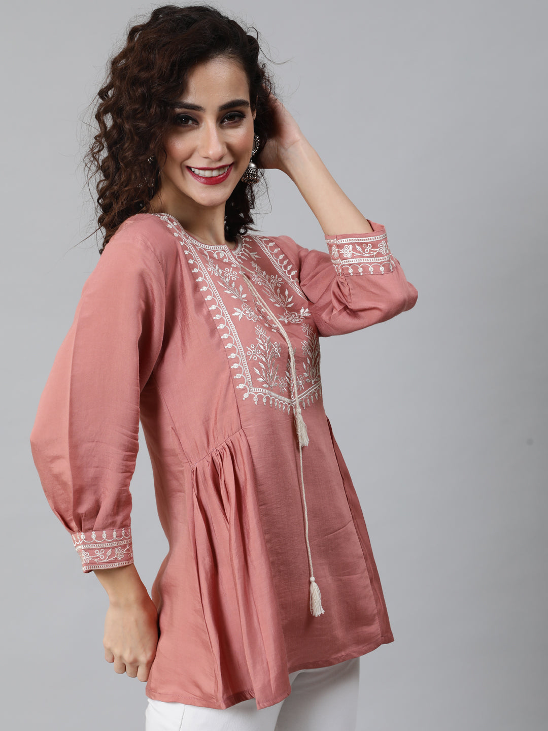 Women's Rose Gold Embroidered Gathered Tunic