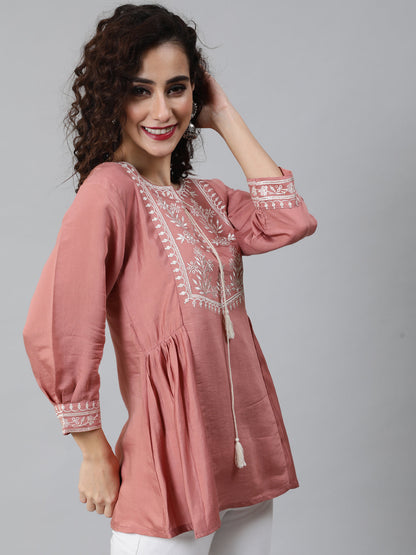 Women's Rose Gold Embroidered Gathered Tunic