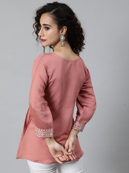 Women's Rose Gold Embroidered Gathered Tunic