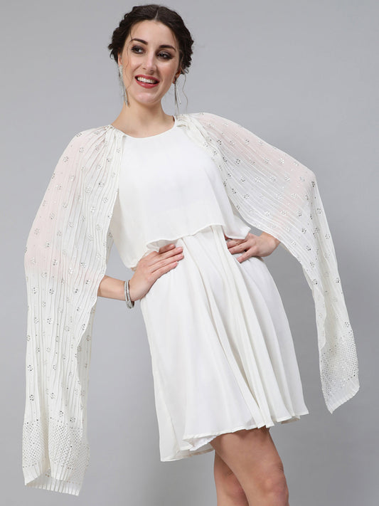 Women's Cream Embellished Layered Dress With Flared Sleeve