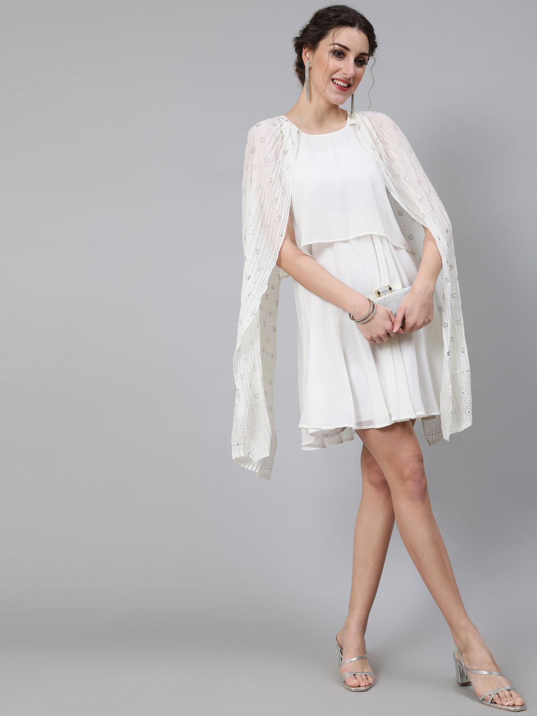Women's Cream Embellished Layered Dress With Flared Sleeve