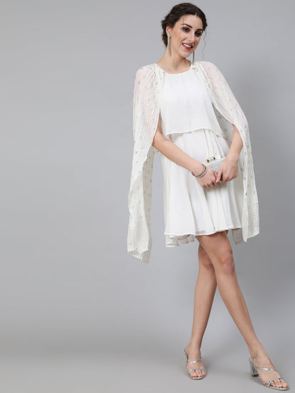 Women's Cream Embellished Layered Dress With Flared Sleeve