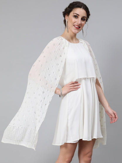 Women's Cream Embellished Layered Dress With Flared Sleeve