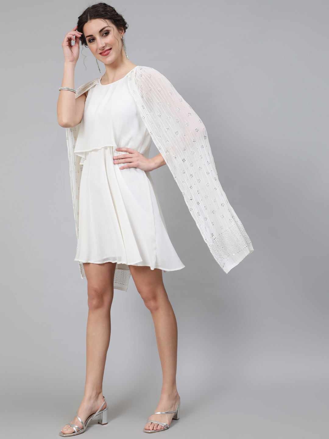 Women's Cream Embellished Layered Dress With Flared Sleeve