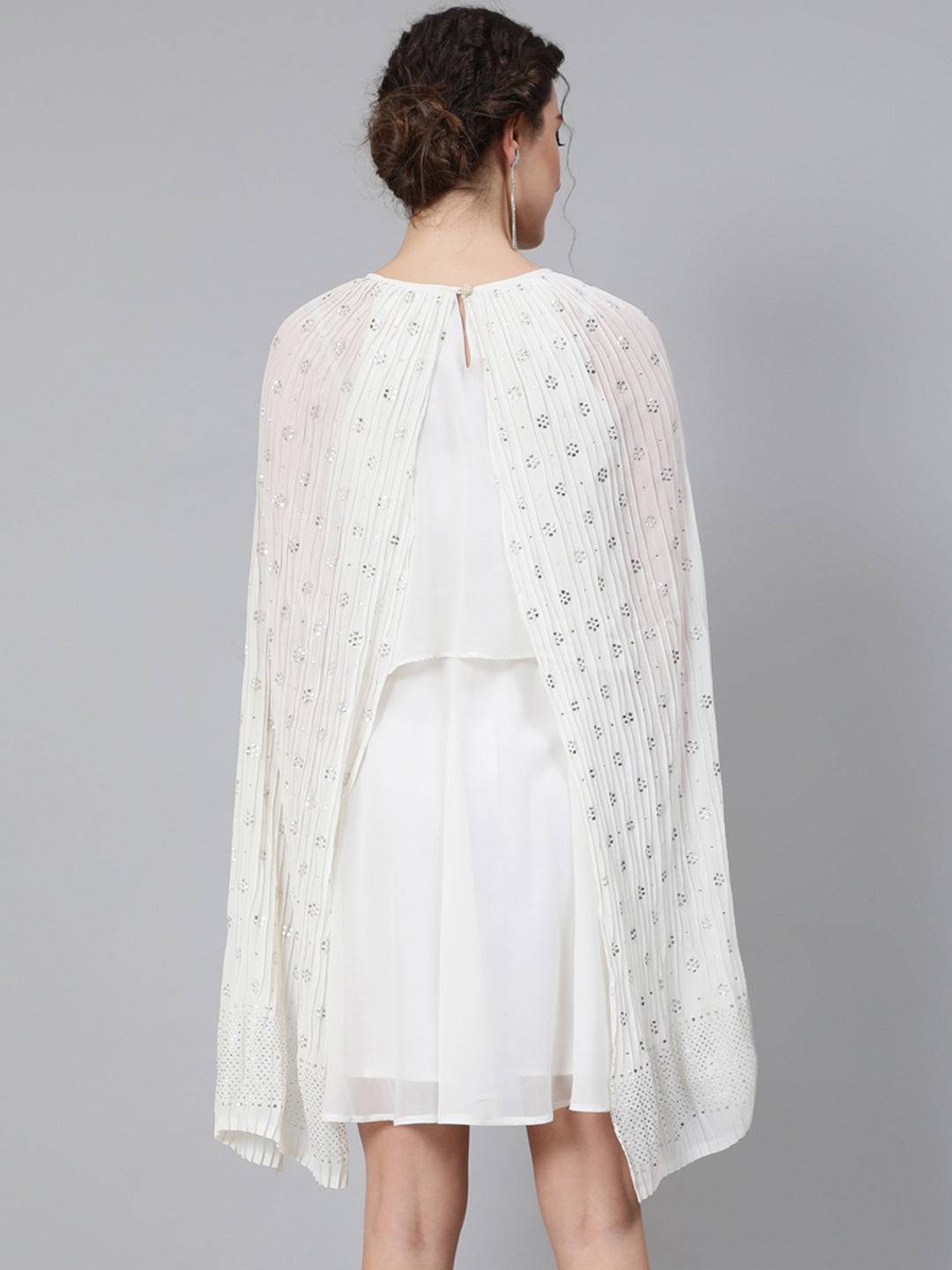 Women's Cream Embellished Layered Dress With Flared Sleeve