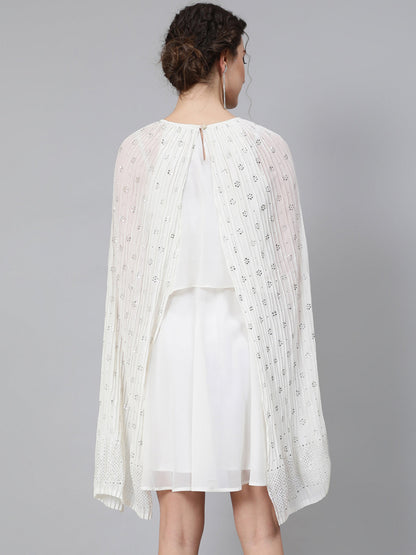 Women's Cream Embellished Layered Dress With Flared Sleeve