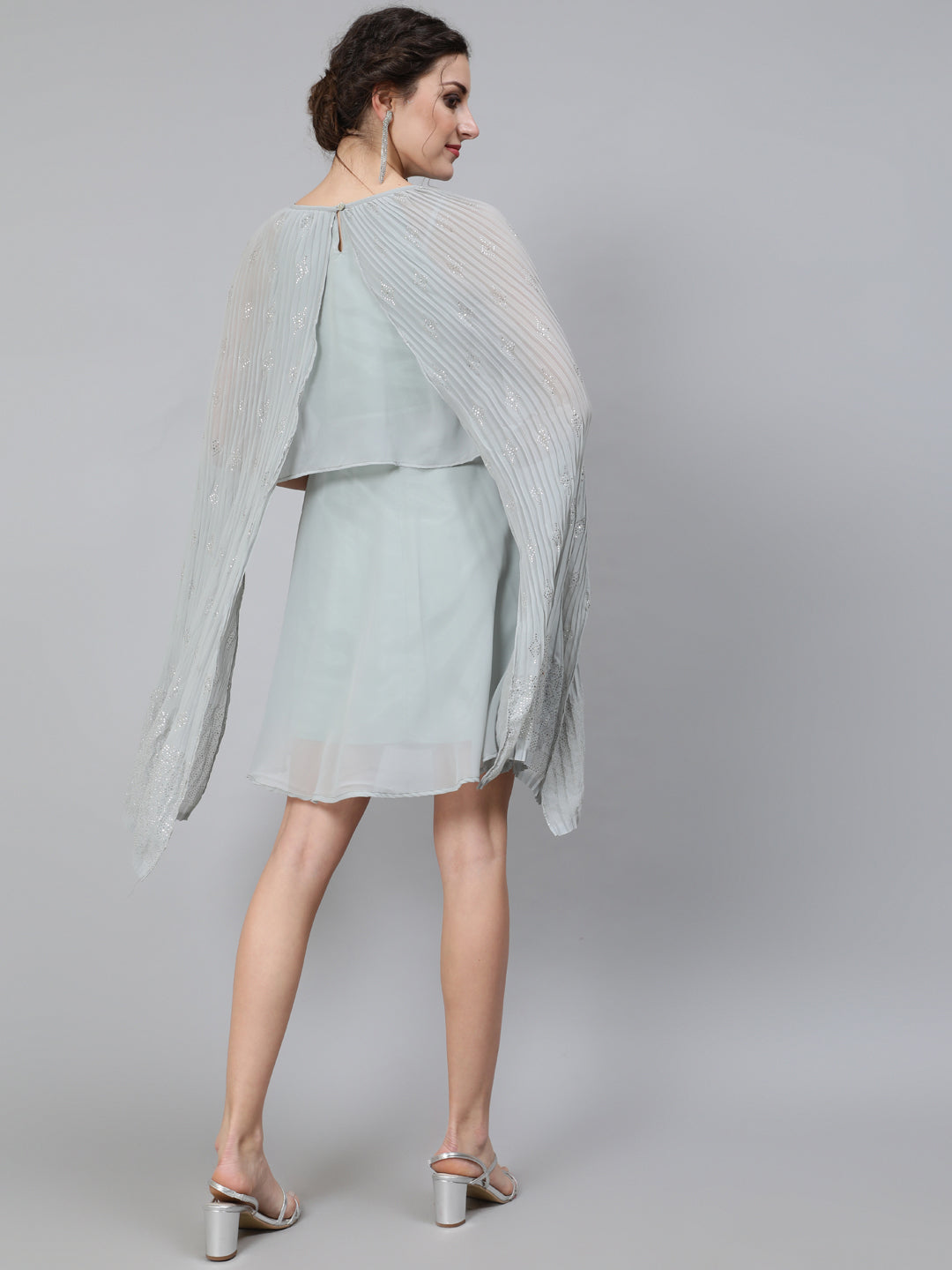 Women's Grey Embellished Layered Dress With Flared Sleeve