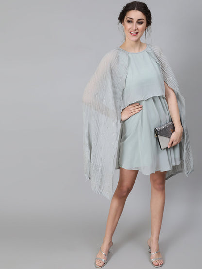 Women's Grey Embellished Layered Dress With Flared Sleeve
