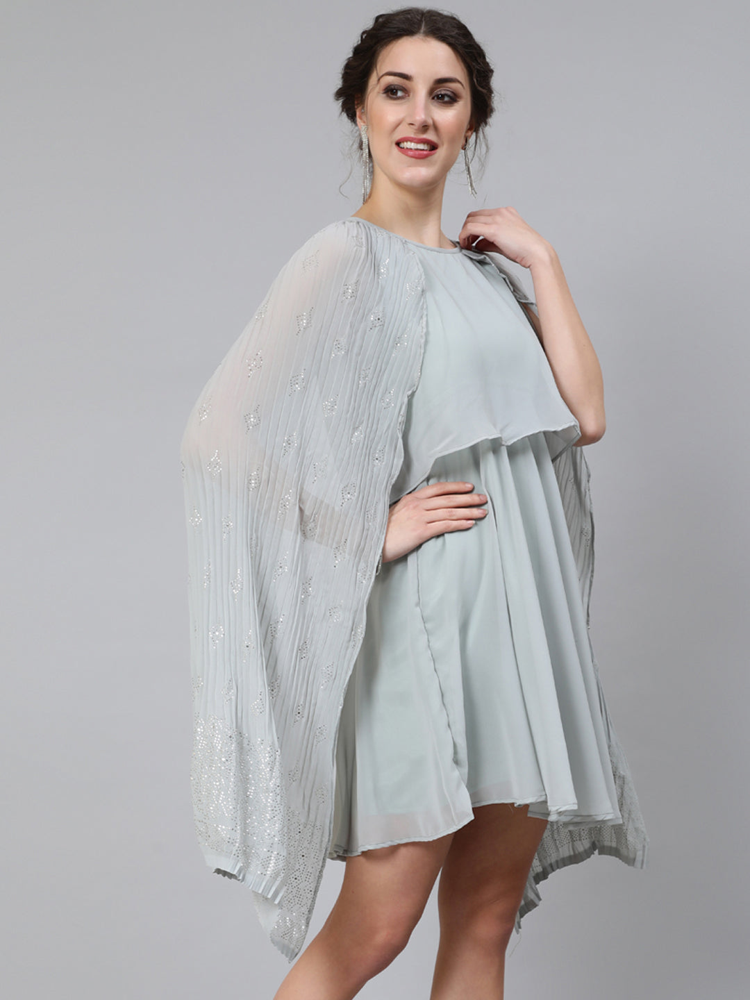 Women's Grey Embellished Layered Dress With Flared Sleeve