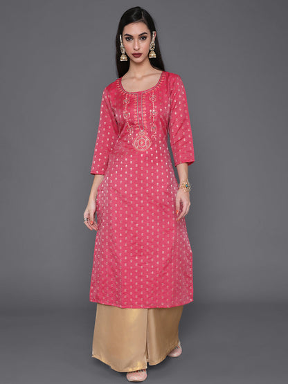Women's Pink Dobby Designed Embroidered Kurta
