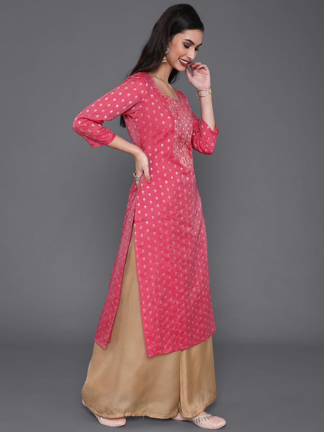 Women's Pink Dobby Designed Embroidered Kurta